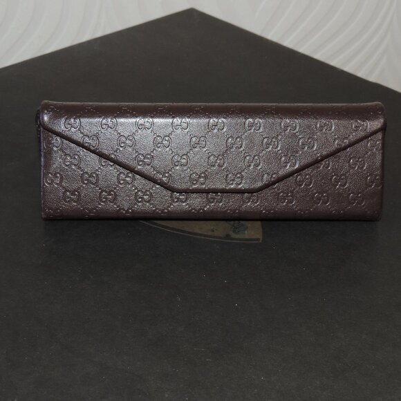 GUCCI Triangular Dark Brown Leather Embossed Logo Glasses Case w/Suede Lining main image 8
